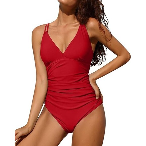 Charmo One Piece Tummy Control Swimsuit Ruched Strappy V Neck In Red - Size 2XL - Picture 2 of 9